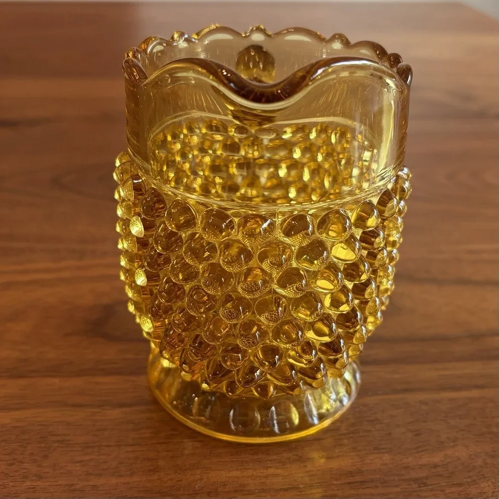 Vintage Hobbs Brockunier Amber Glass Ruffle Top Hobnail Pitcher 4